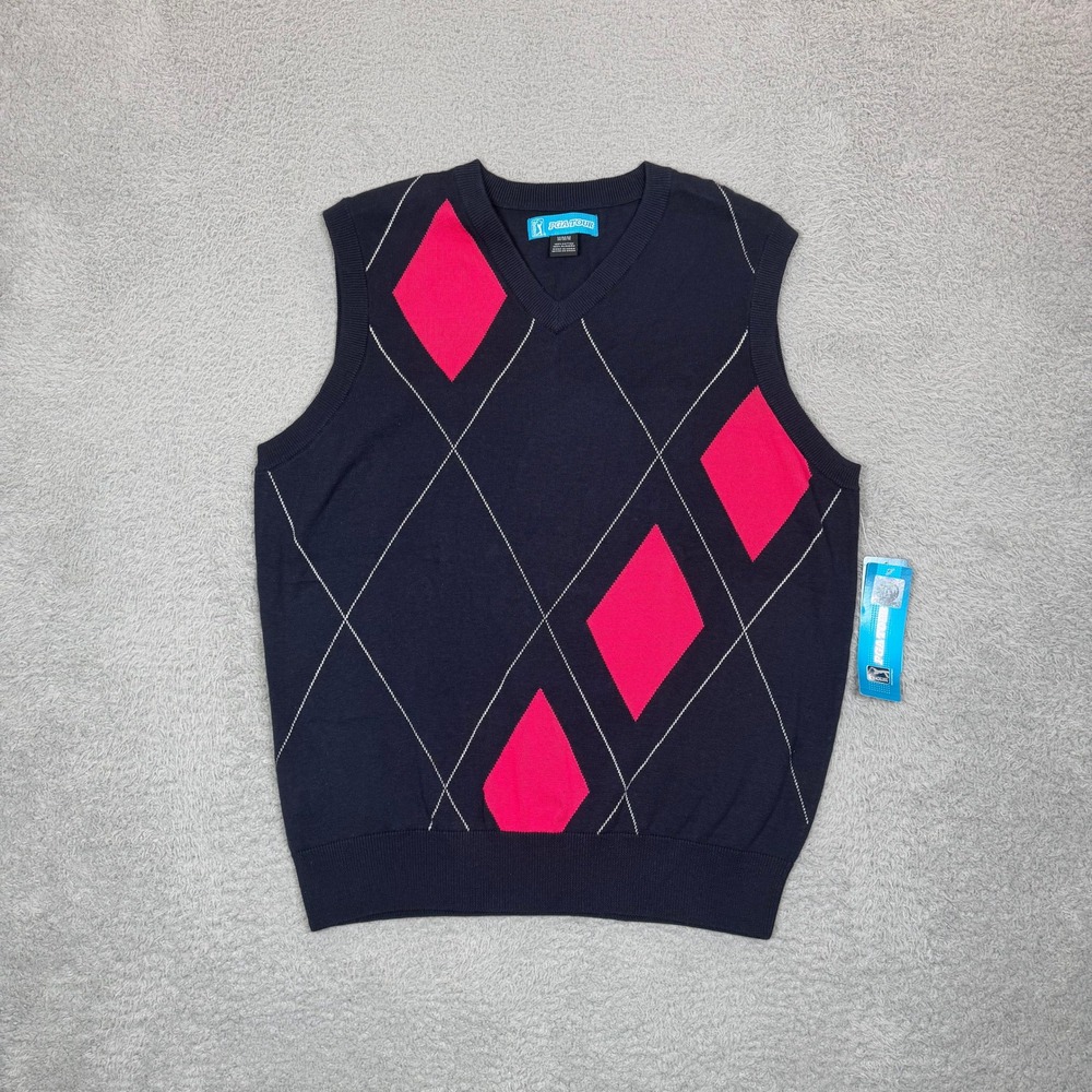 PGA Tour Mens Argyle Sweater Vest Navy Blue Pink V-Neck Cotton Knit Size Medium